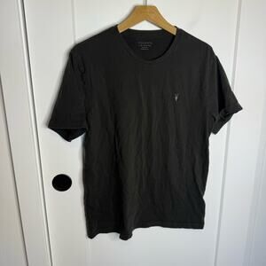 All Saints Brace SS Crew T-shirt Logo Stitched Washed Black Olive Size XL